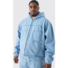 Denim Truien boohooMAN Plus Denim Acid Wash Tape Hoodie - Ice Blue