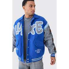 boohooMAN Oversized Washed Sleeve Teddy Varsity Jacket - Blue