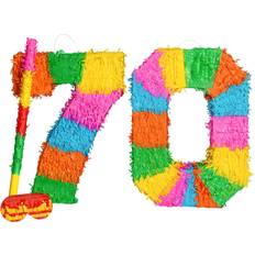 Piñatas Fax Potato 70th Birthday Anniversary Pinata Set with Stick Blindfold Multi Yellow