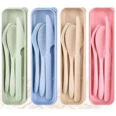 Tianci Reusable Travel Utensils Set with Case, 4 Sets Wheat Straw Portable Knife Fork Spoons Tableware, Eco-Friendly Cutlery for Adults Travel Picnic Camping or Daily Use Green, Beige, Pink, Blue