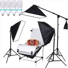 PyxelStudio 0.6m x 1.3m Photography Studio Lighting Kit Shooting Table, 4x E27 Lighting Heads with Softboxes, 4x 150W Bulbs, 3x 2m Stands, Sandbag Boom Arm