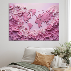 Design Art "Pink Whimsical Waters World Map" World Map Wall Framed Art