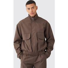 Clothing boohooMAN Mens Funnel Neck Cargo Pocket Smart Jacket Brown