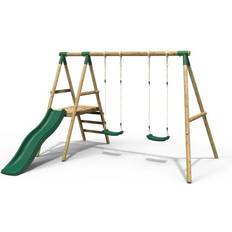 Rebo Gemini Wooden Garden Swing Set with 2 Swings, Platform and Slide Green