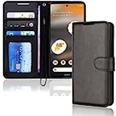 Google Pixel 6a Wallet Cases TechGear Pixel 6a Leather Wallet Case, Flip Protective Case Cover with Wallet Card Holder, Stand and Wrist Strap Black PU Leather with Magnetic
