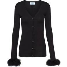 Prada Cardigans Prada Sort Ribbet Silke Cardigan med Fjær Mansjetter Black