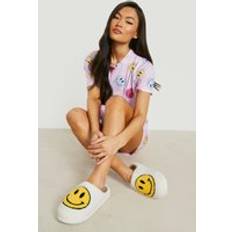 Yellow Slippers boohoo Borg Happy Face Slippers Yellow