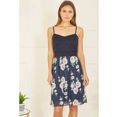 MELA Navy Lace Bodice Strappy Dress With Rose Print Skirt