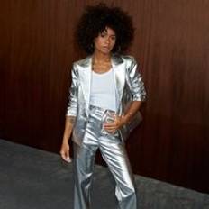 Silver - Women Blazers Never Fully Dressed Women's Silver Vegan Leather blazer, by Never Fully Dressed