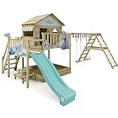 Disney Gartenspielzeuge Wickey Torre de juegos parque infantil Disney Quest con columpio y tobogán, casita de zancos con arenero, escalera para trepar y accesorios de