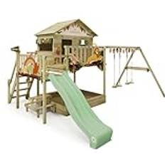 Wickey Torre de juegos parque infantil Disney Saga con columpio y tobogán, casita de zancos con arenero, escalera para trepar y accesorios de juego
