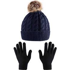 Headgear Tatuo Women's Winter Knitted Beanie Hat with Faux Fur Pom Slouchy Hat and Full Finger Knitted Gloves Navy Blue Hat