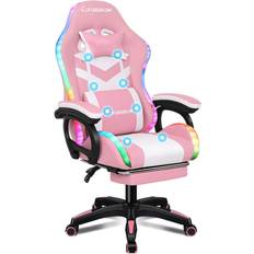 ELFORDSON Pink Gaming Office Chair 12 RGB LED Massage Computer Seat Footrest