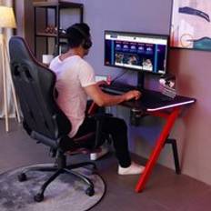 Gaming Desks Homcom Gaming Desk Racing Style Office Ergonomic Computer Table Workstation with RGB LED Lights, Cup Holder, Controller Rack Black