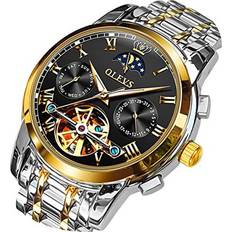 Olevs OLEVS Automatic Mechanical Skeleton Winding Moon Phase Black Face Two Tone Date Calendar Waterproof Luminous