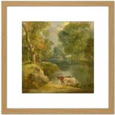 Natural Framed Art ARTERY8 Style Of Gainsborough Riverside Landscape Painting 8X8 Square Framed Art