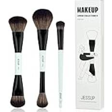 Jessup Sminkborstar för Ansikte 3st Dubbeländade Sminkborstar för Fundament Kontur Rouge Markera Concealer Penslar Premium Vegansk Borstset Ljus Cyan T503