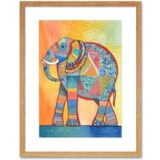 Beige Framed Art ARTERY8 Elephant With Geometric Folk Watercolour Painting Framed Art