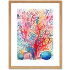 Beige Framed Art ARTERY8 Rainbow Coral Folk Watercolour Painting Print 9X7 Framed Art