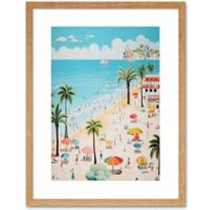Beige Framed Art ARTERY8 Day the Beach Summer Holidays Stylised Pastel Colour Vacation Tourists Coastal Landscape Framed Art