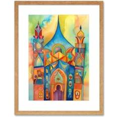 Beige Framed Art ARTERY8 Jewish Synagogue Building Multicoloured Folk Watercolour Painting Framed Art