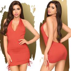 Earth-shaker V-neck mini dress with side gathering including thong pieces red