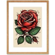 Beige Framed Art ARTERY8 Rose Bloom Bud Old School USA Tattoo Ink Body Americana Framed Art