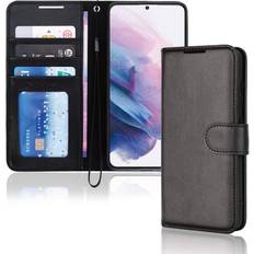 Samsung Galaxy S21+ Wallet Cases TechGear Galaxy S21 Plus Leather Wallet Case, Flip Protective Case Cover with Wallet Card Holder, Stand and Wrist Strap Black