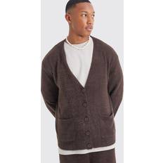 Brown - Men Cardigans boohooMAN Mens Boxy Fluffy Knitted Cardigan Brown