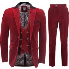 Xposed 48, Maroon SAM Mens Piece Velvet Suit in Burgundy Tailored Fit Jacket Waistcoat Trousers Wedding Party Red