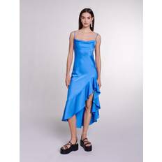 Robes Maje Womens Bleus Ruffle-trim Asymmetric-hem Satin Midi Dress