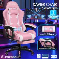 ELFORDSON Pink & White Gaming Office Chair Racing Massage Computer Seat Footrest Leather