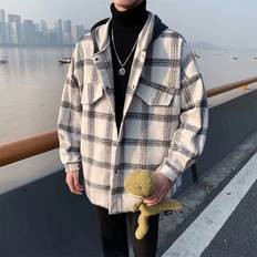 Grandado Høst ullskjorte menns retro tykke rutete skjorte menn streetwear vill løs hette langermet skjortejakke mens -2xl