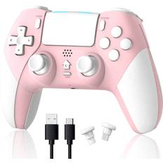 Terios TERIOS Wireless Pro Controller Compatible with PS4 /PS4 Pro/PS4 Slim, Gaming Remote with Built-in 800mAh Rechargeable Battery/Precise Joystick/Audio/Turbo/Advanced Buttons Programming Pink&White