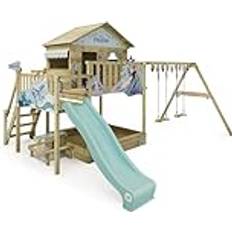 Disney Gartenspielzeuge Wickey Torre de juegos parque infantil Disney Saga con columpio y tobogán, casita de zancos con arenero, escalera para trepar y accesorios de juego