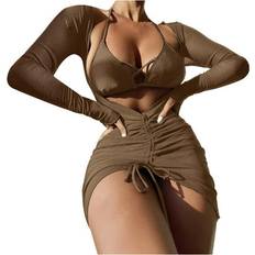 Brown - Women Bikini Sets Penkiiy Women Solid Bikini Strap Bikini Deep V Sexy Split Swimsuit Set Three-piece Swimming Suit Plus Swimwear Brown On Sale