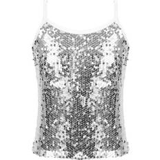 Girls - White Tank Tops MSemis Kids Girls Shiny Sequins Camisole Tank Top for Jazz Modern Dance Competition Spaghetti Straps Vest White