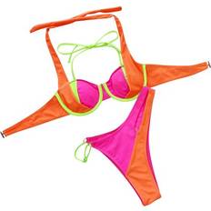 Nylon Bikini Sets Penkiiy Women Sexy Patchwork Bandage Bikini Push-Up Padded Swimwear Swimsuit Beachwear Set Plus Swimwear Hot Pink 2023 Summer Deal