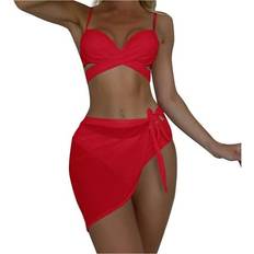 Bikinis Penkiiy Women Solid Bikini Strap Bikini Deep V Sexy Split Swimsuit Set Three-piece Swimming Suit Board Shorts Red On Clearance