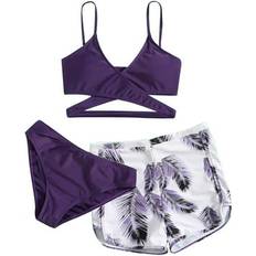 Purple Bikini Sets Penkiiy Women Solid Bikini Strap Bikini Deep V Sexy Split Swimsuit Set Three-piece Swimming Suit Plus Swimwear Purple On Clearance