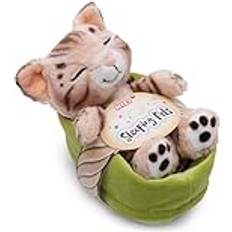Sovande mjukiskatt Bengal i ljusgrön korg 12cm Mjuk leksak gjord av mjuk plysch; Gullig mjuk leksak att gosa och leka med, för barn och vuxna – utmärkt present