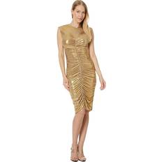 Norma Kamali Sleeveless V Neck Shirred Front Dress To Knee Gold Women's Dress Gold Women's 4