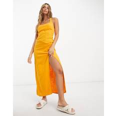 ASOS DESIGN Orange maxi-solkjole hør med dyb rund hals og og knudedetalje