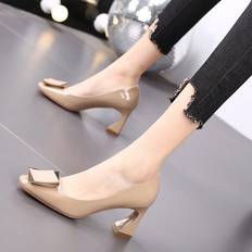 XZGSTORE US8 AU7.5 EUR39 24.5cm, Apricot Women Patent Leather Block Heels OL Pumps Square Toe Office Dress Formal Shoes