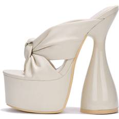 Shoes Cape Robbin Evalyn Hour Glass Platform High Heels for Women, Knotted Bow Tie Slip On Heeled Mule Shoes White