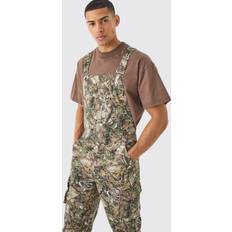 Green - Men Jumpsuits & Overalls boohooMAN Mens Forest Camo Cargo Pocket Relaxed Dungarees Green