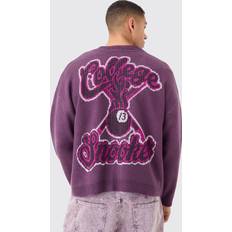 Herren - Lila Cardigans boohooMAN Oversized Boxy Brushed Varsity Knit Cardigan - Purple