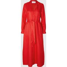 Røde - Skjortekjoler Selected Lyra Ls Ankle Linen Shirt Dress Flame Scarlet