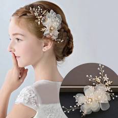 Beige Hair Clips Shein Wedding Season Flower Girl Pearl Rhinestone Hair Clip