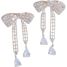 Korean Micro Zircon Temperament Bowknot Earrings - Gold/Transparent